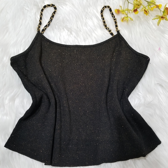 Cable & Gauge Tops - Black Cable & Gauge Top with Gold Glitter and Gold Chain Straps, SIZE L.